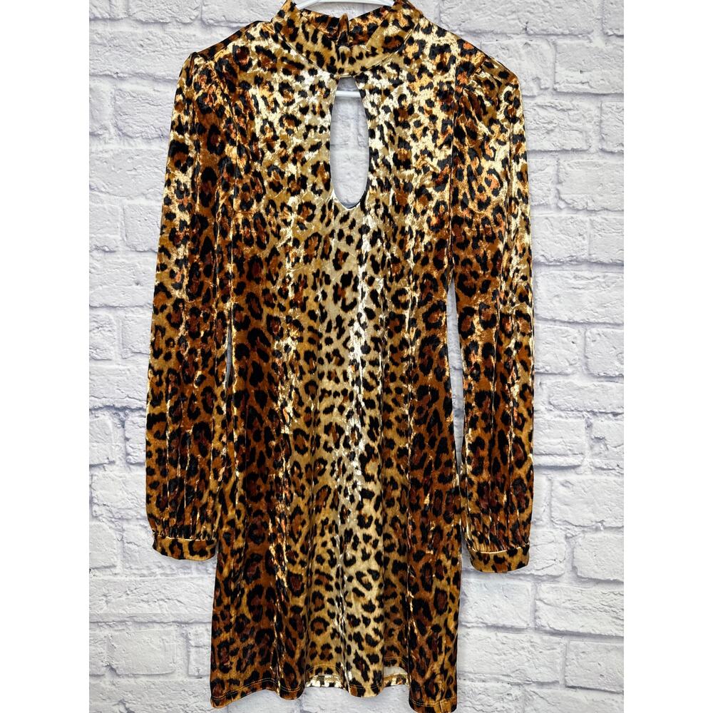 Silence + Noise Leopard Animal Print Long Sleeve Mini Crushed Velvet Dress MED